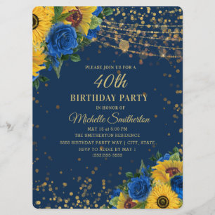 Invitation Sunflowers Blue Rose Gold Parties scintillant 40e 