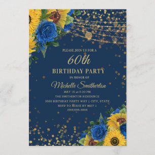 Invitation Sunflowers Blue Rose Gold Parties scintillant 60e 