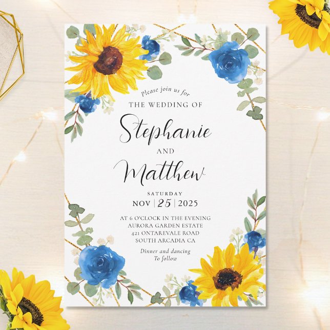 Invitation Sunflowers Blue Rose Mariage botanique géométrique (Créateur téléchargé)