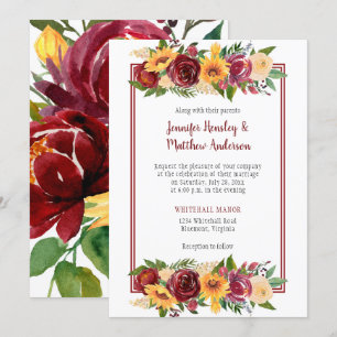 Invitation Sunflowers & Bourgogne Floral Drop Bourgogne Cadre