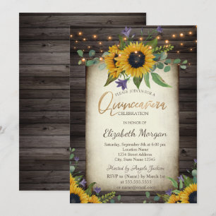 Invitation Sunflowers Brown Wood Quinceañera Anniversaire