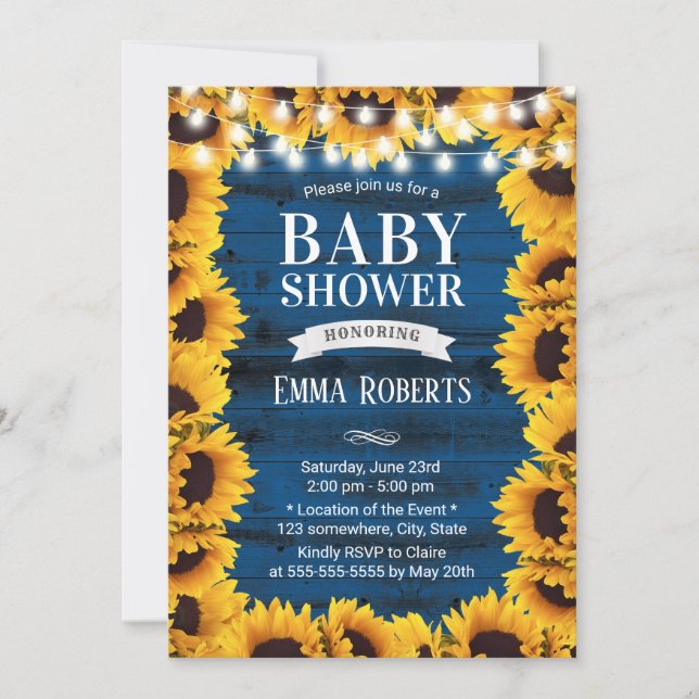 Invitation Sunflowers Cadre Marine Bleu Grange Baby shower en (Devant)