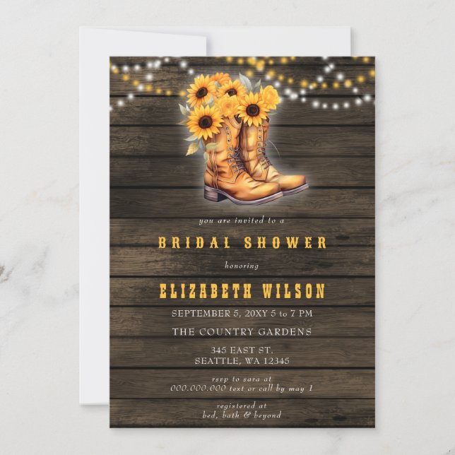 Invitation Sunflowers Cowgirl Bottes Fête des mariées occiden (Devant)