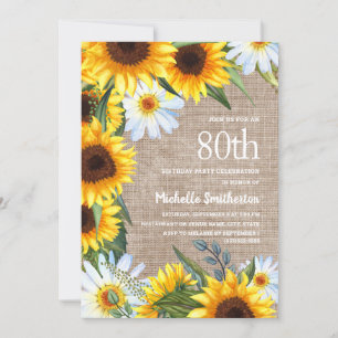 Invitation Sunflowers Daisies Burlap Pays 80e anniversaire