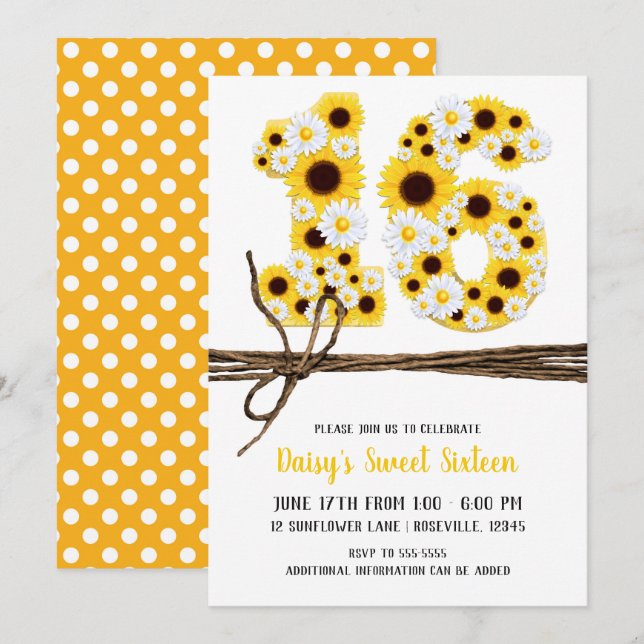 Invitation Sunflowers & Daisies SIXTEEN 16 Anniversaire (Devant / Derrière)