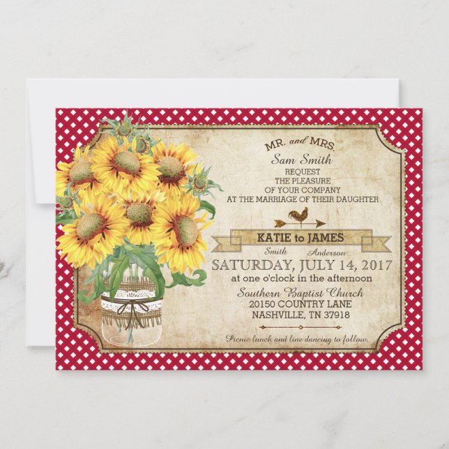Invitation Sunflowers En vichy Check Country Pique-nique Mari (Devant)
