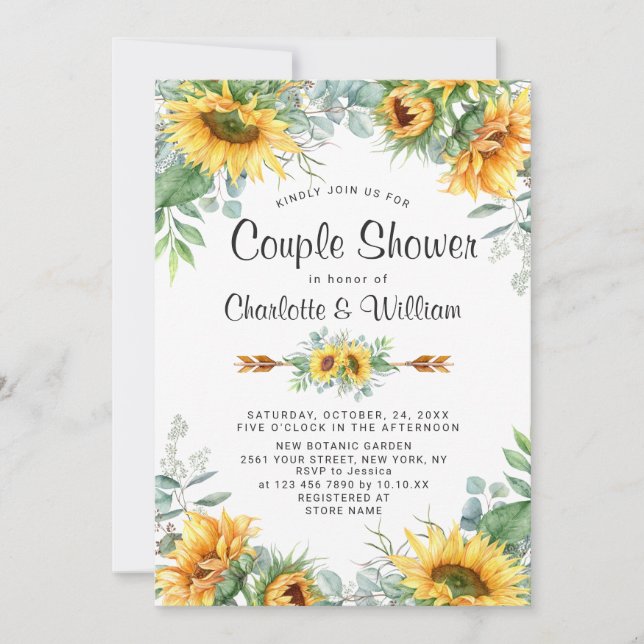 Invitation Sunflowers Eucalyptus Aquarelle Couple Douche (Devant)