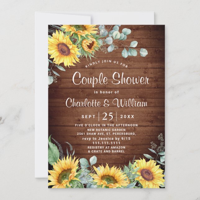 Invitation Sunflowers Eucalyptus Aquarelle Couple Douche (Devant)
