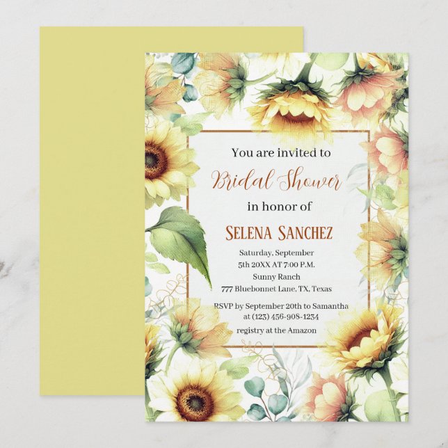 Invitation Sunflowers Eucalyptus Floral Bride Fête des mariée (Devant / Derrière)