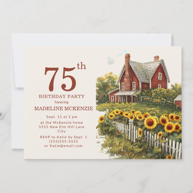Invitation Sunflowers Farmhouse 75e fête d'anniversaire (Devant)