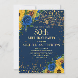 Invitation Sunflowers Marine Blue Gold String Lumières 80e