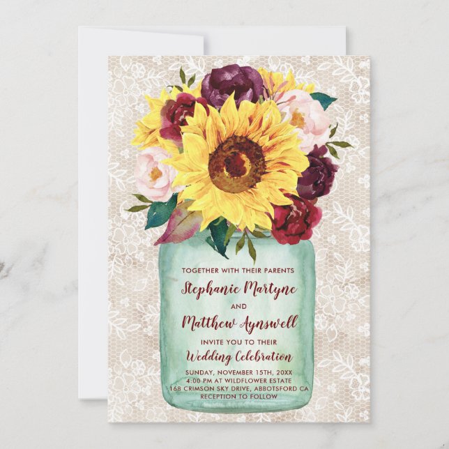 Invitation Sunflowers Mason Jar Burgundy Floral Mariage dente (Devant)