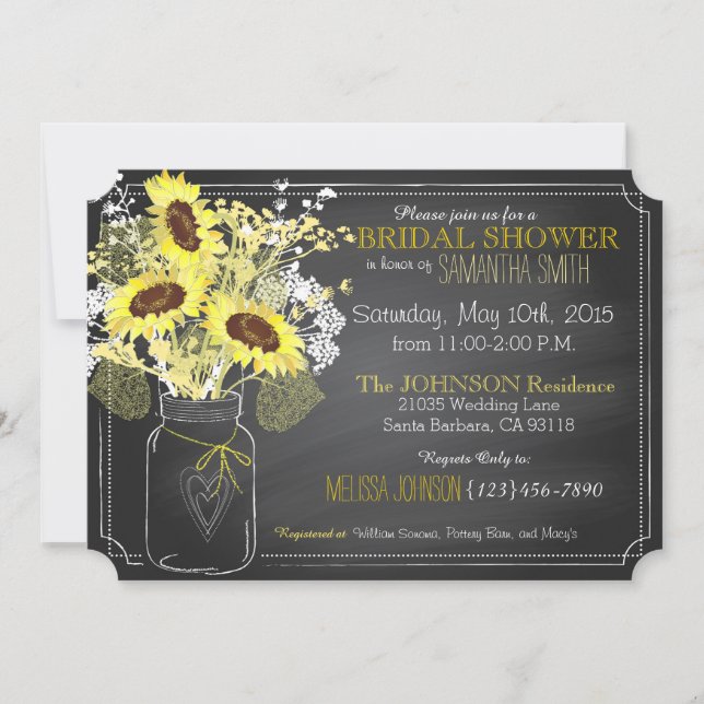Invitation Sunflowers Mason Jar Chalkboard Fête des mariées (Devant)