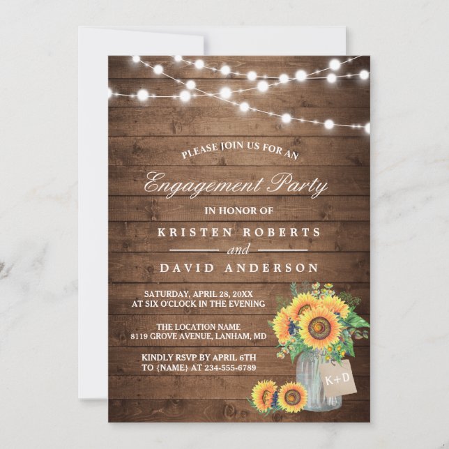 Invitation Sunflowers Mason Jar Rustic Wood Engagement Party (Devant)