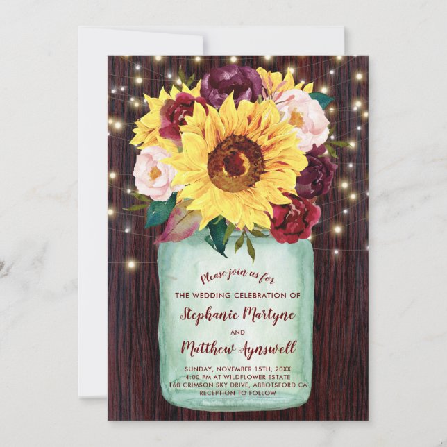 Invitation Sunflowers Mason Jar String éclaire le Mariage flo (Devant)