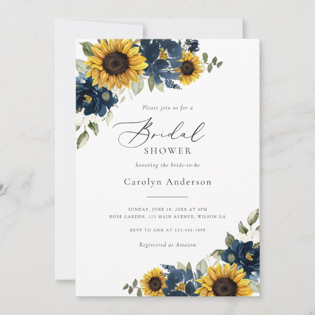 Invitation Sunflowers Navy bleu Floral Fête des mariées rusti (Devant)