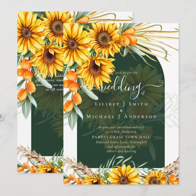 Invitation Sunflowers Pampas Grass Emerald Green BOHO Mariage (Devant / Derrière)