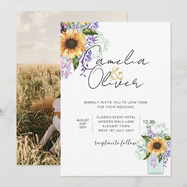 Invitation Sunflowers Purple Wisteria Mariage moderne INVITE (Devant / Derrière)