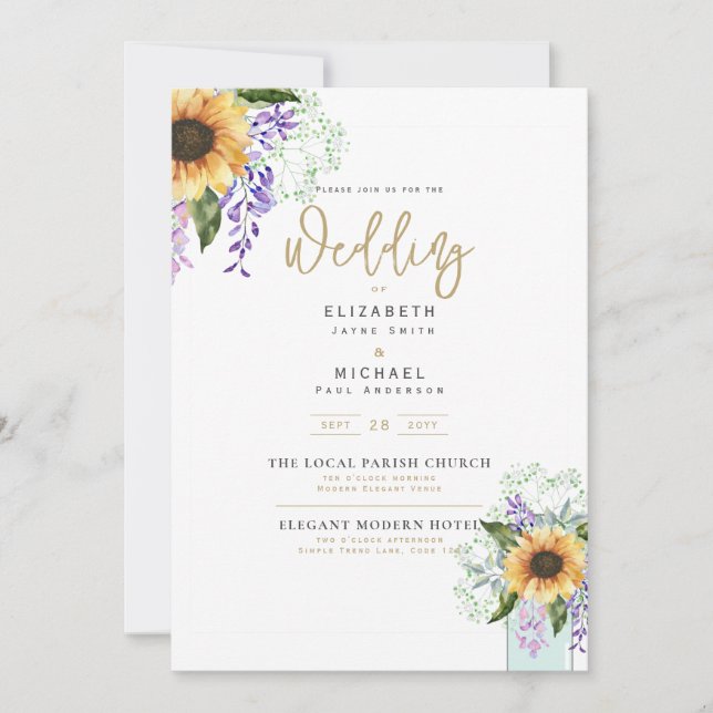 Invitation Sunflowers Purple Wisteria Mariage moderne INVITE (Devant)