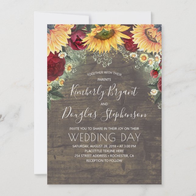 Invitation Sunflowers Red Roses Daisies Mariage rustique (Devant)