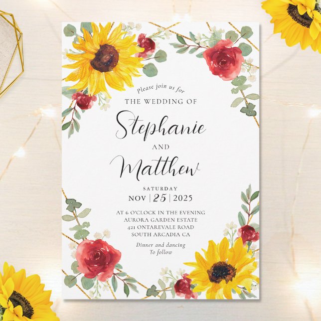Invitation Sunflowers Red Roses Mariage botanique géométrique (Créateur téléchargé)