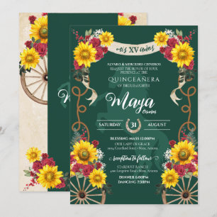 Invitation Sunflowers Rose rouge Emerald Charro Quinceanera