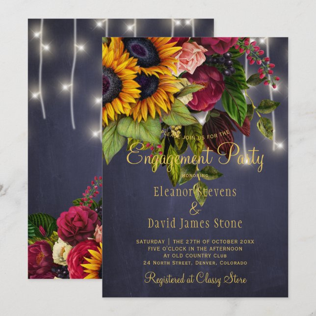 Invitation Sunflowers rose rustique marine bordeaux fiançaill (Devant / Derrière)