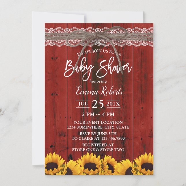 Invitation Sunflowers Rustic Red Barne dentelle Baby shower T (Devant)