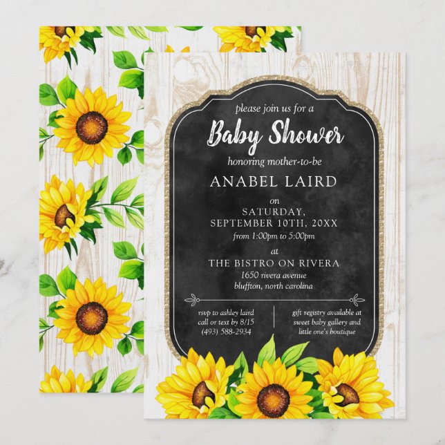 Invitation Sunflowers & Rustic Wood Country Baby shower agric (Devant / Derrière)