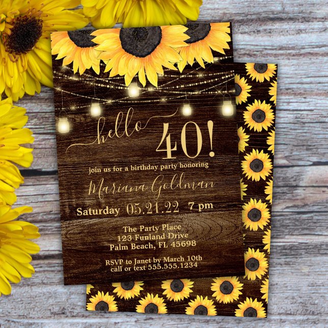 Invitation Sunflowers String Lights 40e anniversaire fêter In (Créateur téléchargé)