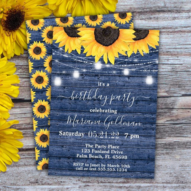 Invitation Sunflowers String Lights Blue Anniversaire Party (Créateur téléchargé)