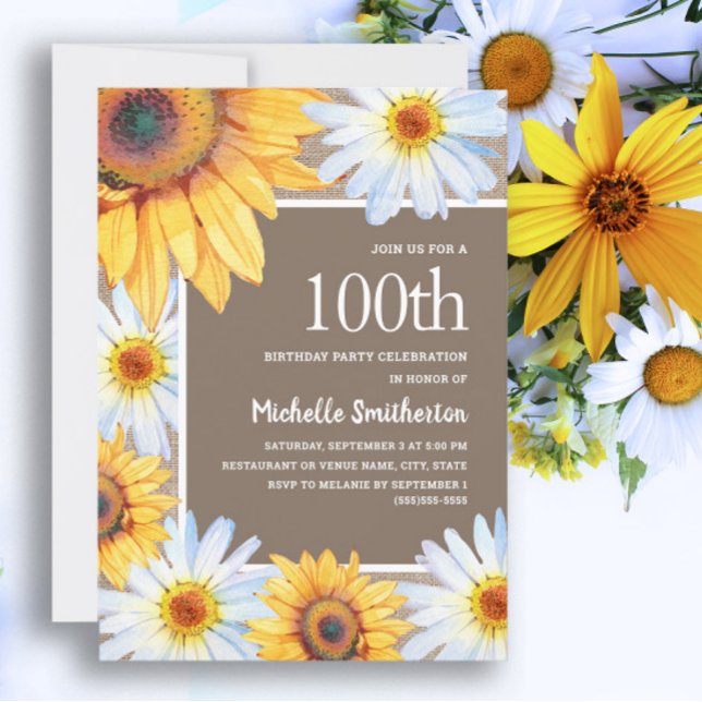 Invitation Sunflowers White Daisies Burlap 100e anniversaire (White daisies and sunflowers 100th birthday party invitation for women.)