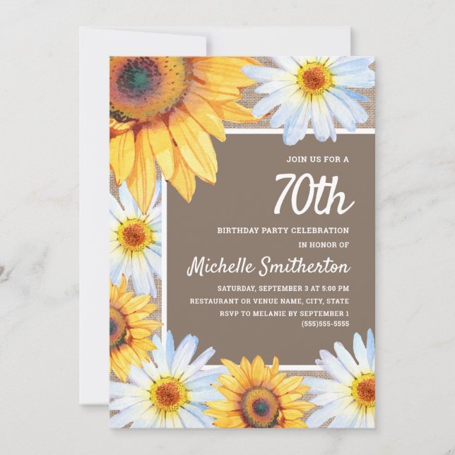 Invitation Sunflowers White Daisies Burlap 70e anniversaire (Devant)