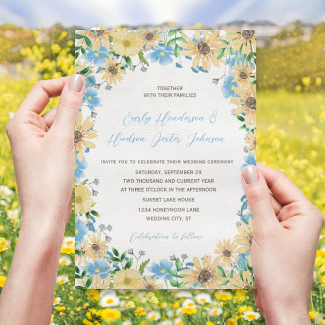 Invitation Sunny Elegance Blue Sky Aquarelle Mariage Floral (Créateur téléchargé)
