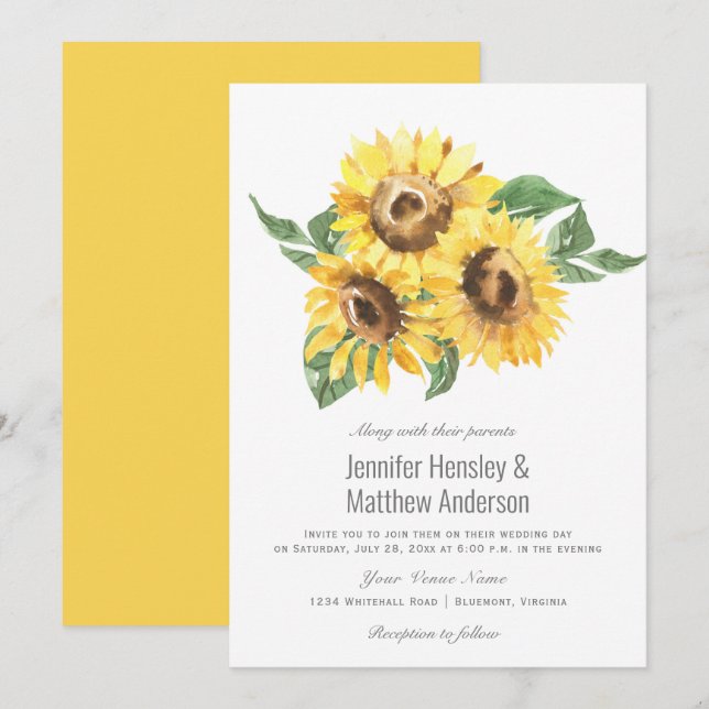 Invitation Sunny Yellow Watercolor Mariage | (Devant / Derrière)