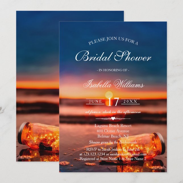 Invitation Sunset Beach Mason Jar Blue Night Fête des mariées (Devant / Derrière)