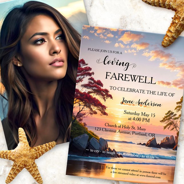 Invitation Sunset Beach Photo Fête de la vie (Celebration of life, memorial or funeral service photo invitation featuring a sunset on the beach)