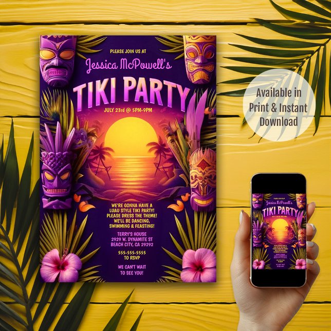 Invitation Sunset Beach Tropical Tiki Luau Anniversaire (Available in both Print and Instant Download)
