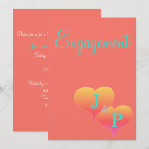 Invitation Sunset Hearts Coral Turquoise Monogramme Fiançaill