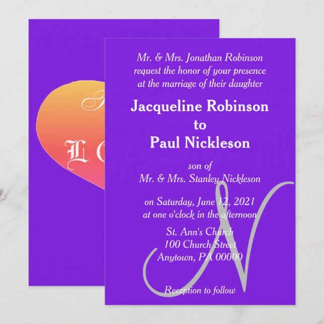 Invitation Sunset Hearts Violet Argent Monogramme Mariage (Devant / Derrière)