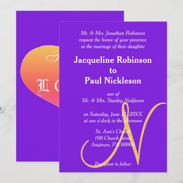 Invitation Sunset Hearts Violet Golden Monogram Mariage (Devant / Derrière)