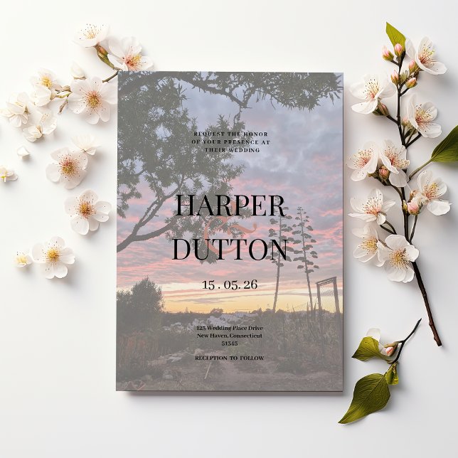 Invitation Sunset orange jaune beau mariage de campagne (Sunset orange yellow beautiful countryside wedding)