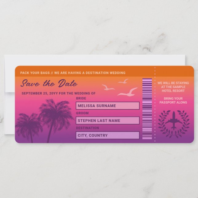 Invitation Sunset Palm Trees Faux Embarquement Pass Enregistr (Devant)