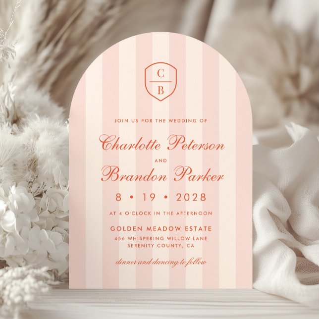 Invitation Sunset Spritz rayures Monogram Crest Mariage (Créateur téléchargé)