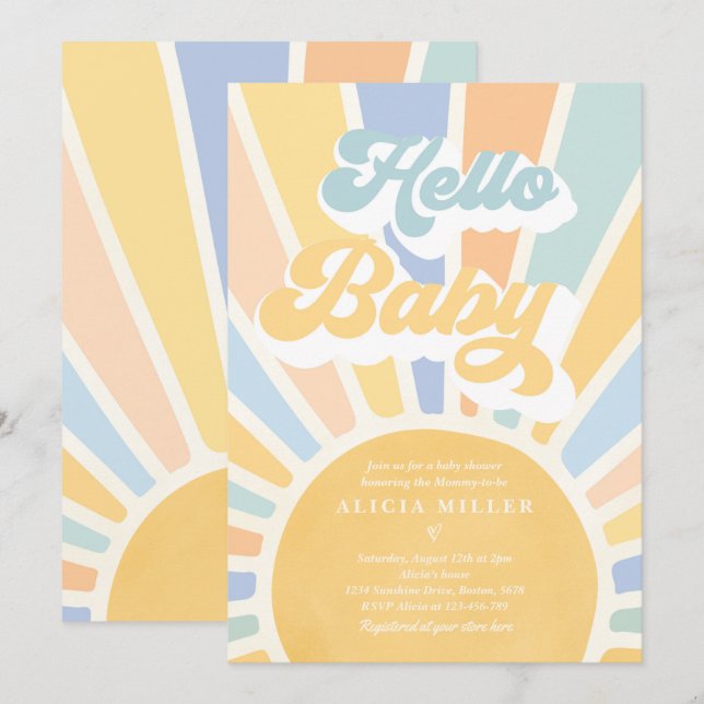 Invitation Sunshine Baby shower Boho Blue Rainbow Sunshine (Devant / Derrière)