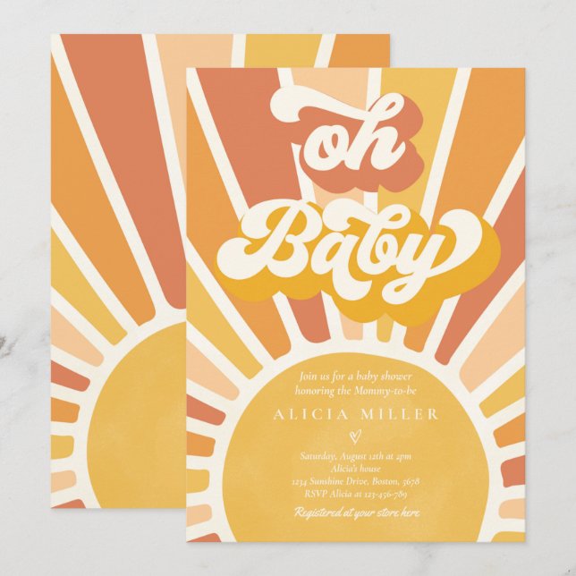 Invitation Sunshine Baby shower Boho Retro Yellow Sunshine (Devant / Derrière)
