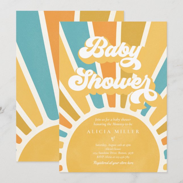 Invitation Sunshine Baby shower Boho Retro Yellow Sunshine (Devant / Derrière)