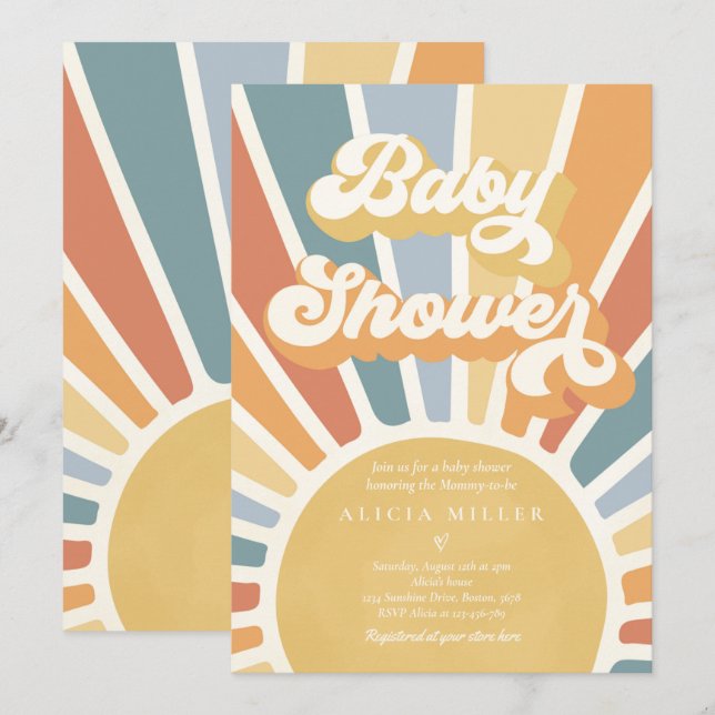 Invitation Sunshine Baby shower Muet Boho Retro Sunshine (Devant / Derrière)