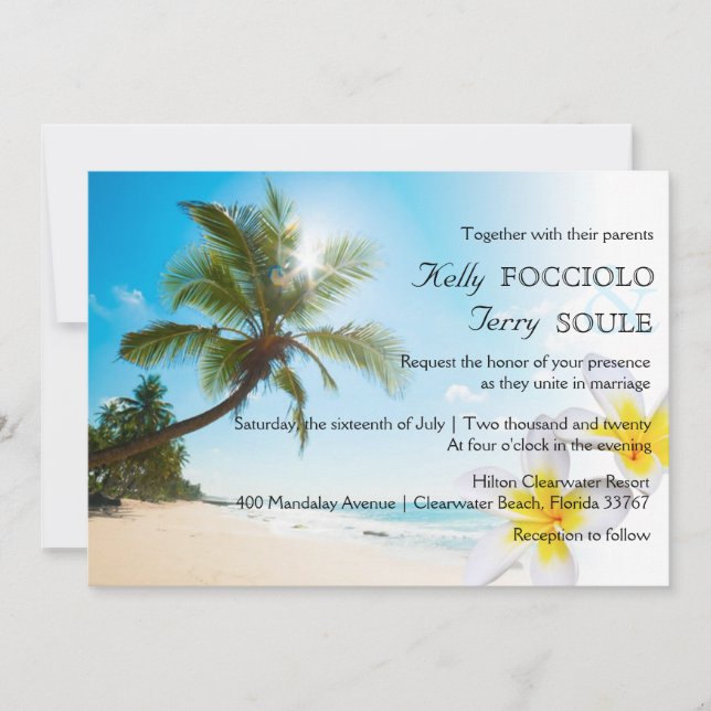 Invitation Sunshine Beach Palm Trees Plumerias Mariage Invite (Devant)