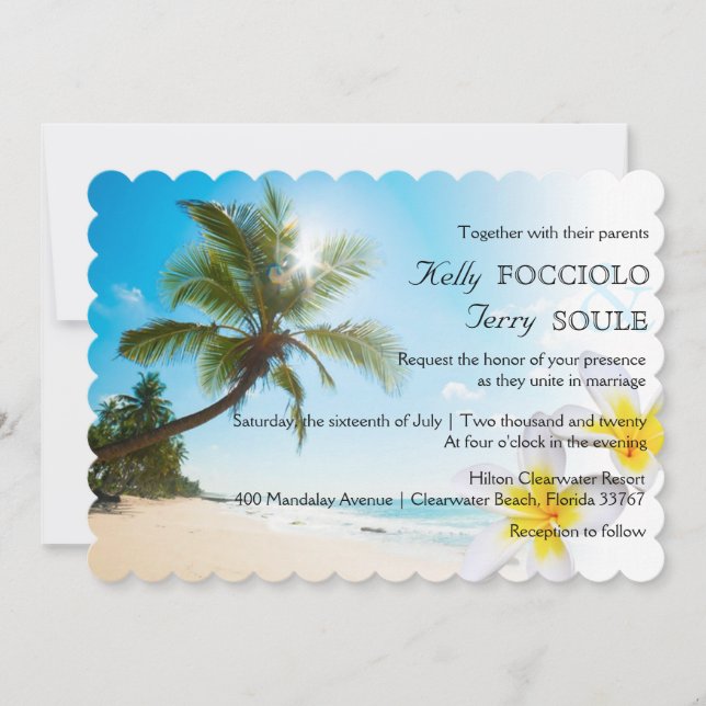 Invitation Sunshine Beach Palm Trees Plumerias Mariage Invite (Devant)